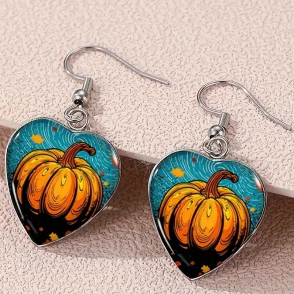 heart blue orange earrings Whimsy Pumpkin Fall‎ Festival Artistic